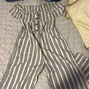 Blue & White Striped Off the Shoulder Jumpsuit